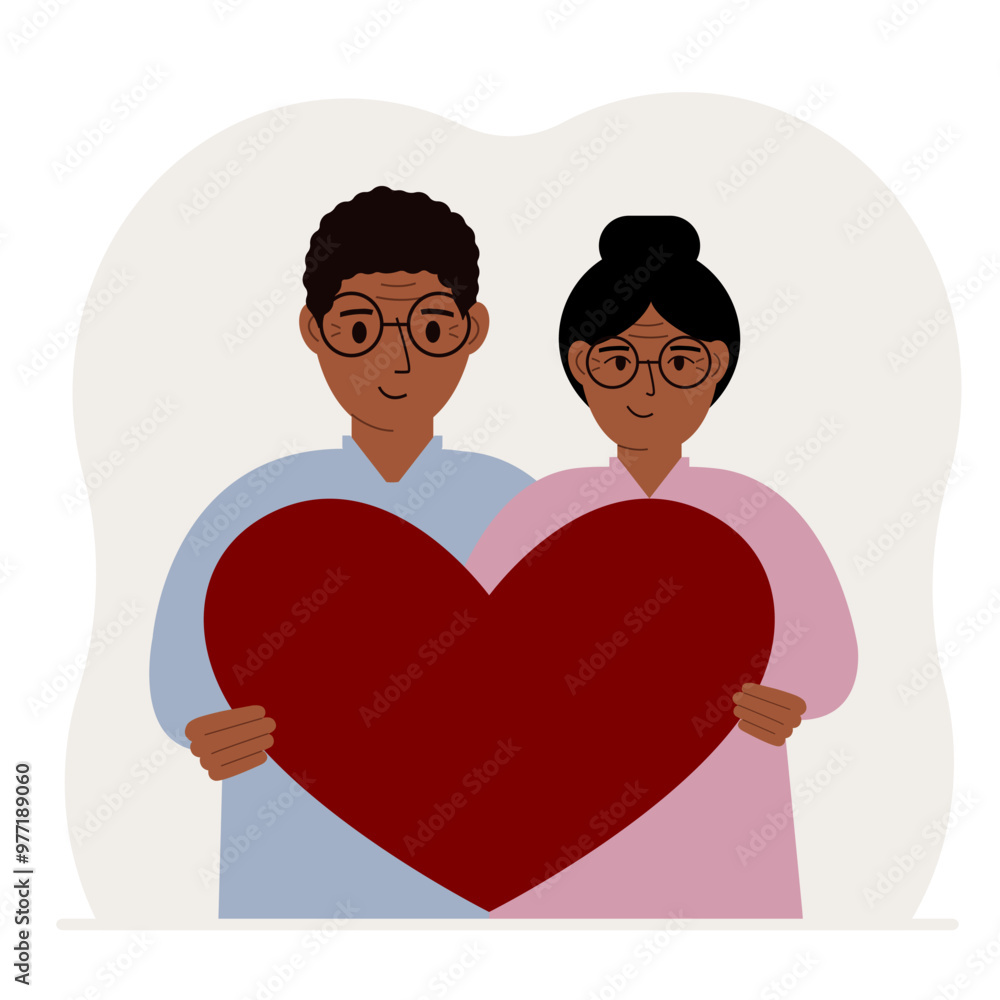 Happy man and woman holding a big red heart in their hands. Love Happy man and woman holding a big red heart in their hands. Love