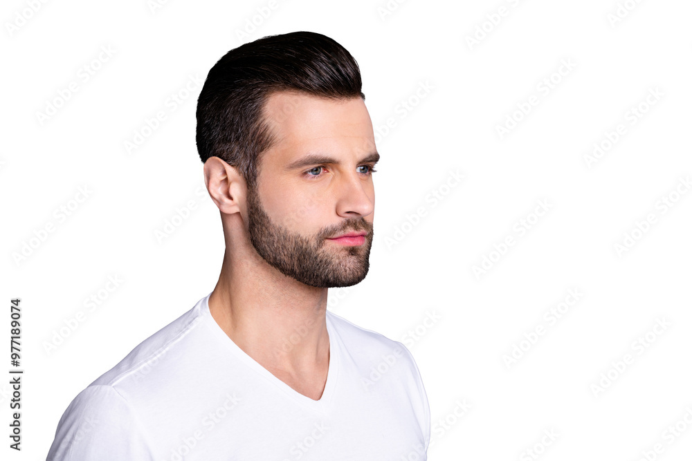 Close up side profile photo amazing he him his macho perfect ideal appearance neat bristle easy-going person calm not talk tell speak say smile wear casual white t-shirt isolated grey background Close up side profile photo amazing he him his macho perfect ideal appearance neat bristle easy-going person calm not talk tell speak say smile wear casual white t-shirt isolated grey background