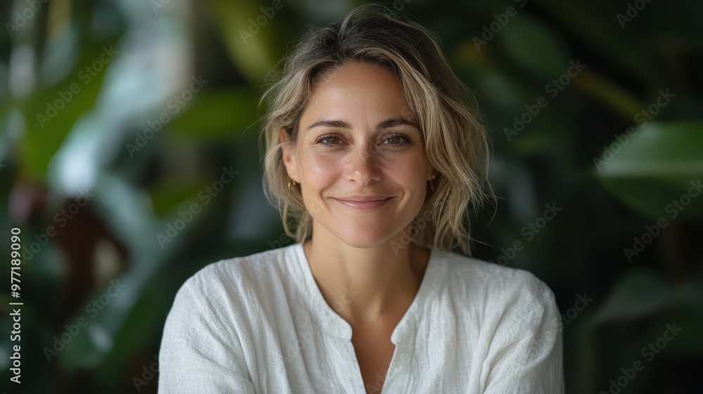 This serene image captures a smiling woman with short hair in a white blouse, surrounded by lush greenery, evoking a peaceful and harmonious connection with nature. This serene image captures a smiling woman with short hair in a white blouse, surrounded by lush greenery, evoking a peaceful and harmonious connection with nature.
