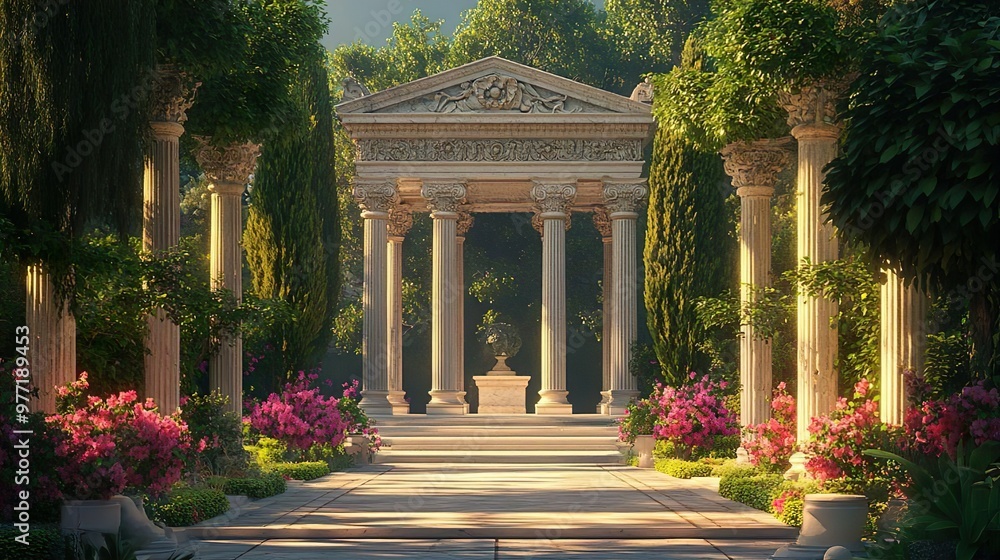 Fototapeta premium Detailed view of a classical Greek portico with ornate columns and pediment
