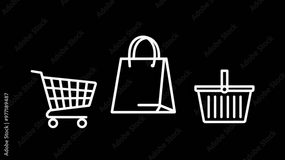 Black background with white icons of shopping cart, shopping bag and shopping basket, concept of online shopping and e-commerce. Black background with white icons of shopping cart, shopping bag and shopping basket, concept of online shopping and e-commerce.