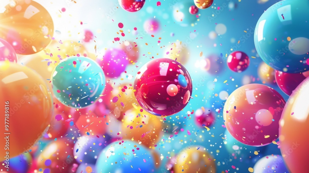 Brightly colored balloons float among swirling confetti, bringing a cheerful ambiance to a lively celebration, filled with laughter and joy Brightly colored balloons float among swirling confetti, bringing a cheerful ambiance to a lively celebration, filled with laughter and joy