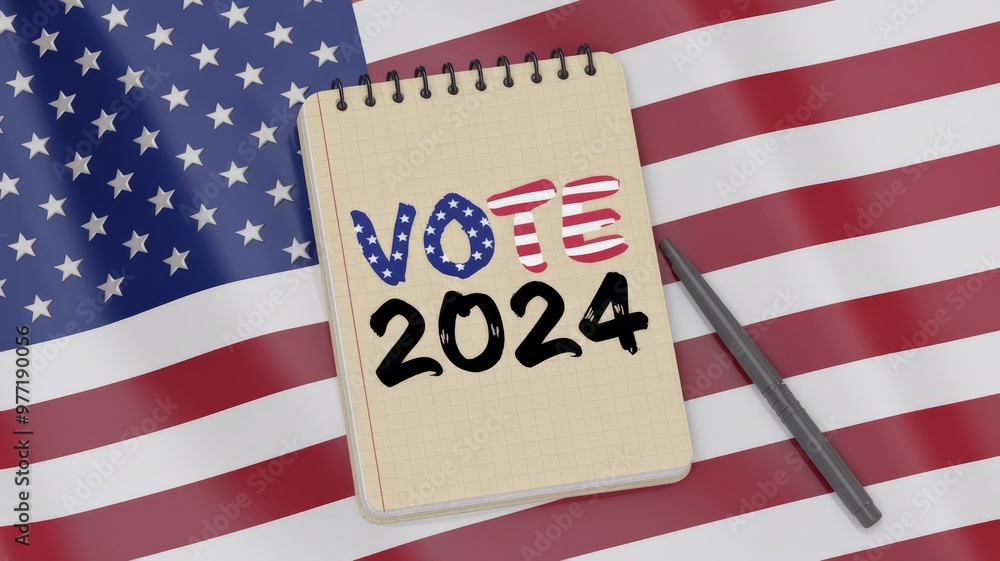 Obraz premium Notebook with the word vote 2024, American flag in the background, concept of elections and politics.
