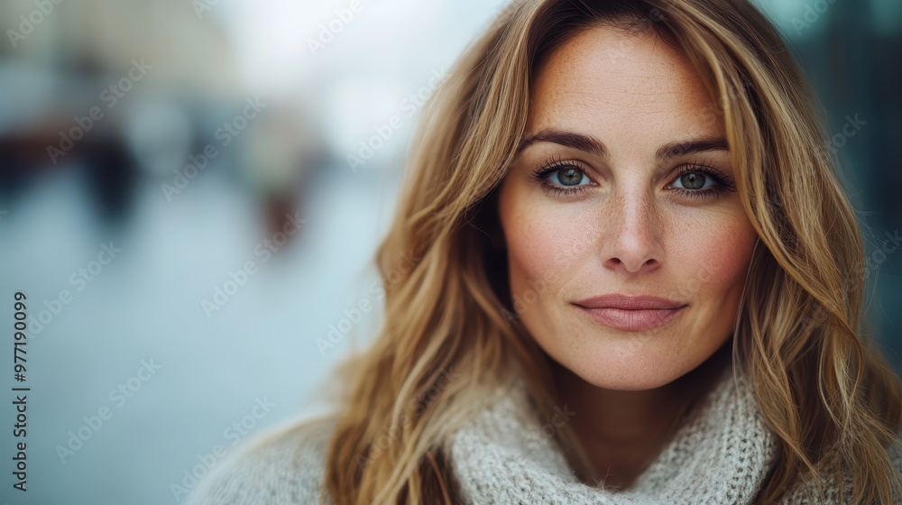 A serene woman in a cozy turtleneck sweater looks directly into the camera amidst a blurred city background, conveying warmth and calm in the bustling surroundings. A serene woman in a cozy turtleneck sweater looks directly into the camera amidst a blurred city background, conveying warmth and calm in the bustling surroundings.