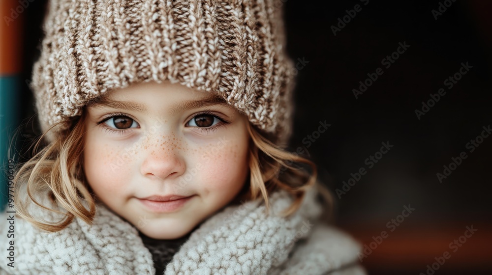A child with freckles, dressed in cozy knitwear, stares intently at the viewer. The winter scene resonates with warmth and curiosity against a dark background. A child with freckles, dressed in cozy knitwear, stares intently at the viewer. The winter scene resonates with warmth and curiosity against a dark background.