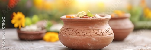 traditional clay pots with floral offerings and herbs on rustic outdoor table, natural elements representing Navaratri festival decor, symbol of Indian heritage and spirituality

 photo