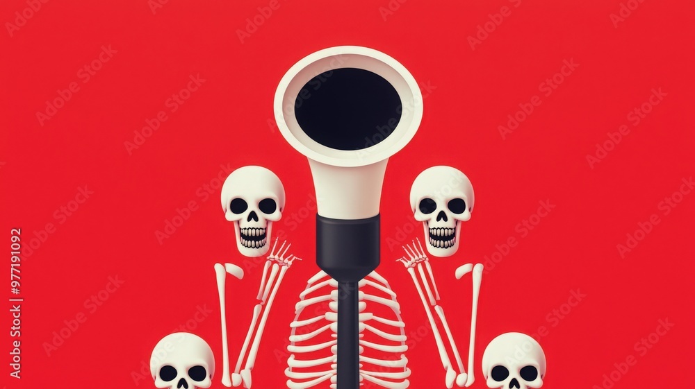 A spooky illustration featuring skeletons around a megaphone against a vibrant red background, perfect for Halloween themes. A spooky illustration featuring skeletons around a megaphone against a vibrant red background, perfect for Halloween themes.