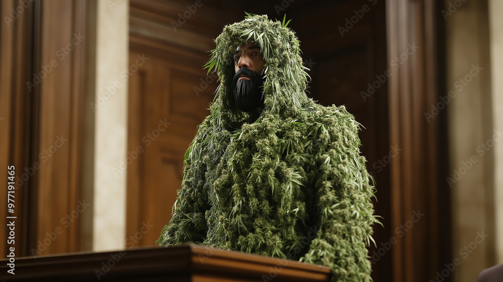Obraz premium Lawyer wearing marijuana ghillie suit in courtroom