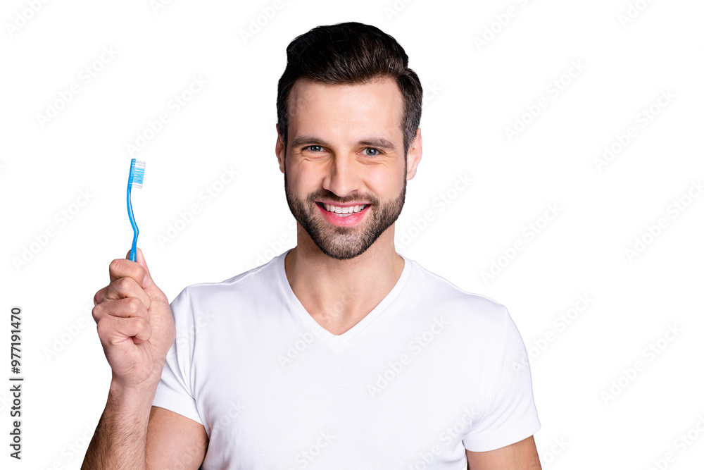 Close up photo amazing he him his macho perfect ideal appearance advising buy buyer hand arm novelty plastic personal equipment tooth brush toilet wear casual white t-shirt isolated grey background Close up photo amazing he him his macho perfect ideal appearance advising buy buyer hand arm novelty plastic personal equipment tooth brush toilet wear casual white t-shirt isolated grey background