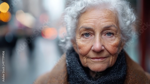 An elderly woman with a graceful smile stands on a bustling street, wrapped in a brown coat and dark scarf, exuding warmth and positivity amidst the urban hustle.