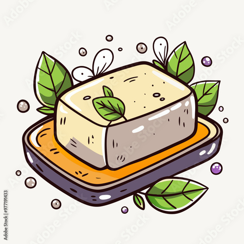 Cheerful Soap Bar with Fresh Leaves Cartoon Illustration