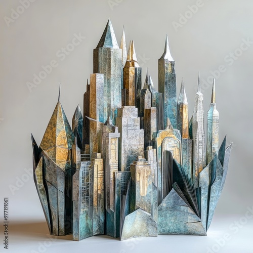 A sculptural representation of a city skyline with geometric forms. photo