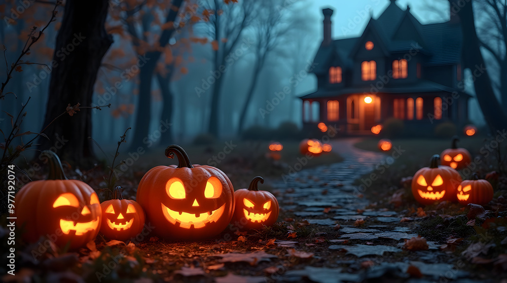 Fototapeta premium Halloween background with pumpkins, haunted house and full moon. Generative AI