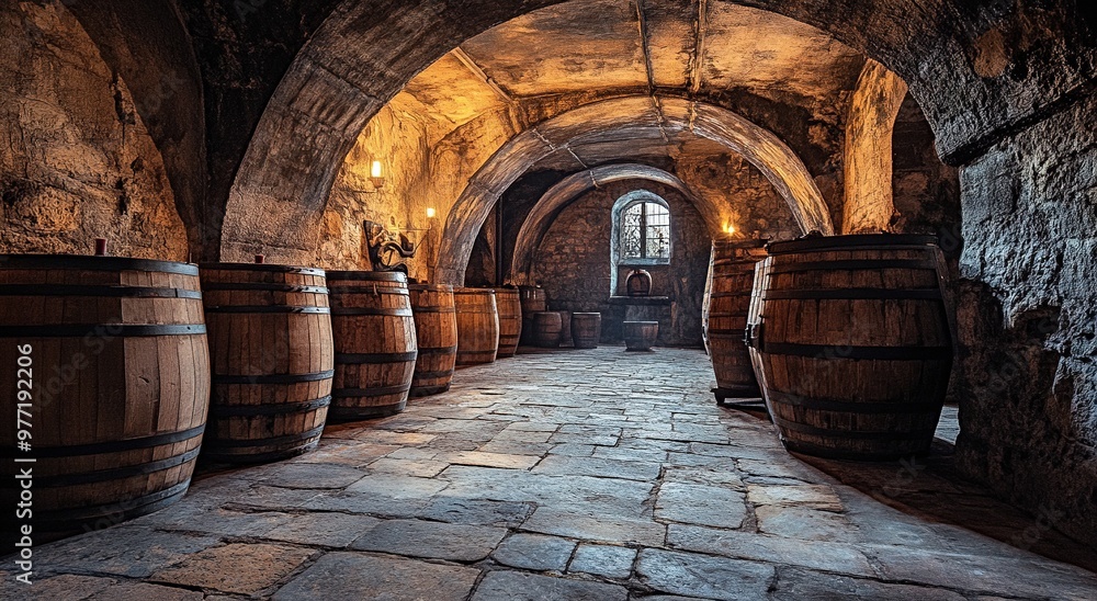 An ancient wine cellar with wooden barrels, a stone floor. An ancient wine cellar with wooden barrels, a stone floor.