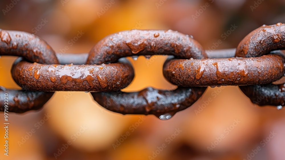 High-detail close-up of a rusted metal chain adorned with droplets of morning dew, emphasizing the contrast between natural elements and human-made objects. High-detail close-up of a rusted metal chain adorned with droplets of morning dew, emphasizing the contrast between natural elements and human-made objects.