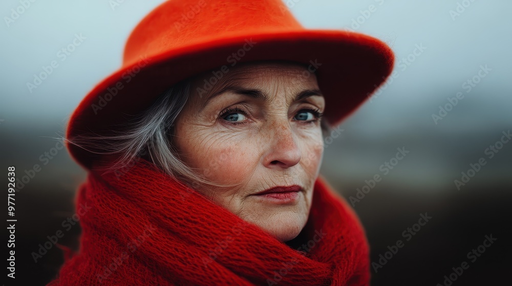 A mature woman wearing a vibrant red hat and scarf, standing outdoors, exudes a serene and contemplative air against a backdrop of nature's quiet beauty. A mature woman wearing a vibrant red hat and scarf, standing outdoors, exudes a serene and contemplative air against a backdrop of nature's quiet beauty.