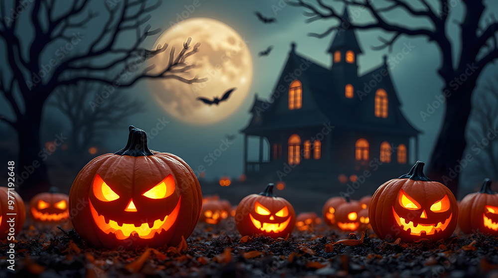 Halloween background with pumpkins, haunted house and full moon. Generative AI Halloween background with pumpkins, haunted house and full moon. Generative AI