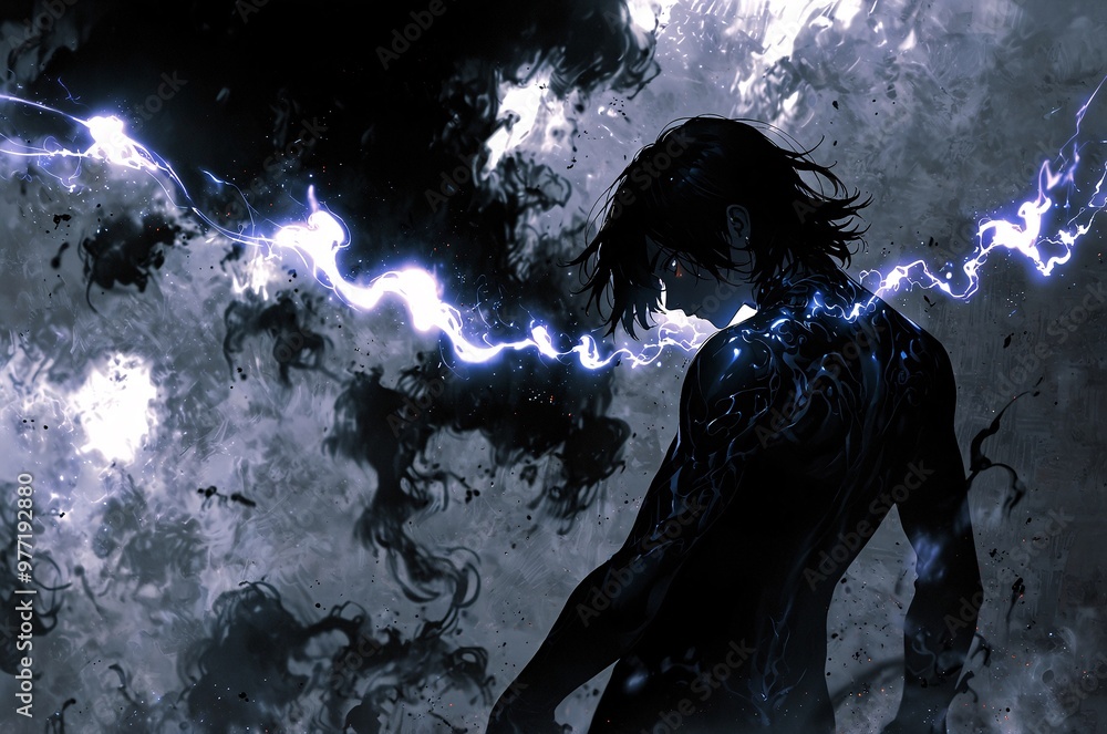 Back view silhouette anime illustration of a man making a pose with smoky and electricity effects. Back view silhouette anime illustration of a man making a pose with smoky and electricity effects.
