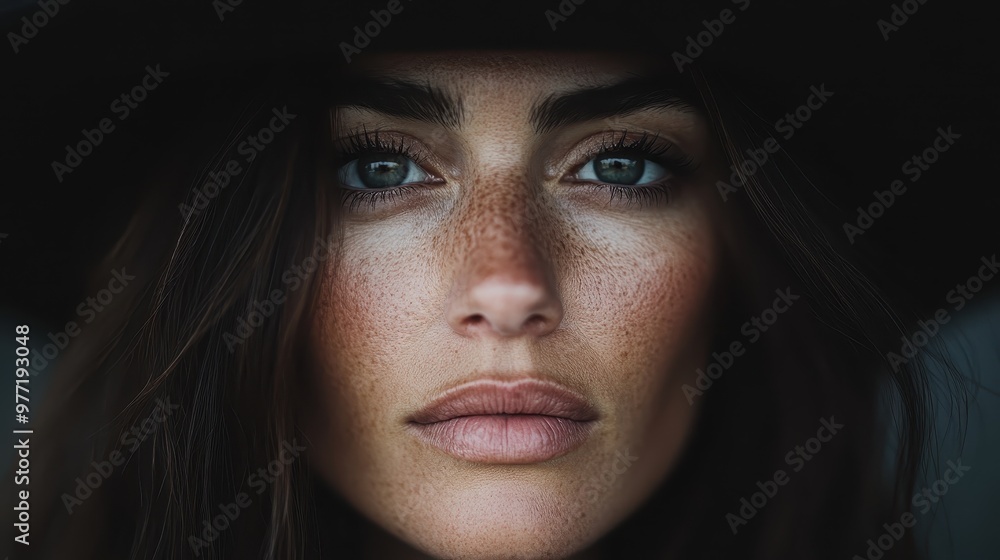 A close-up shot captures a woman's face with freckles, set against the stark contrast of her black hat. This intense portrait exemplifies natural beauty and detail. A close-up shot captures a woman's face with freckles, set against the stark contrast of her black hat. This intense portrait exemplifies natural beauty and detail.