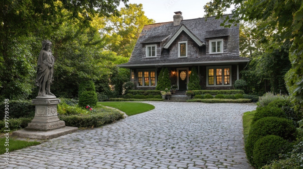 Charming Stone House with a Garden Statue Charming Stone House with a Garden Statue