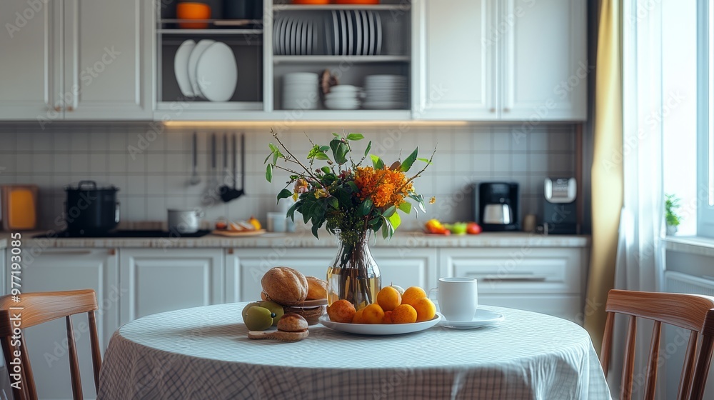 Cozy Kitchen Table Setting with Fresh Flowers and Fruit Cozy Kitchen Table Setting with Fresh Flowers and Fruit
