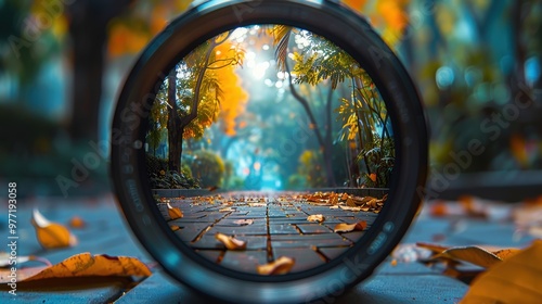 A beautifully blurred autumn scene viewed through a magnifying lens, capturing vibrant leaves, a misty atmosphere, and a brick pathway