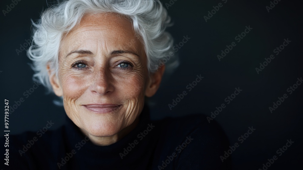A close-up portrait of a mature woman with silver curls and a gentle smile, dressed in black, highlighting a lifetime of wisdom and serene composure. A close-up portrait of a mature woman with silver curls and a gentle smile, dressed in black, highlighting a lifetime of wisdom and serene composure.