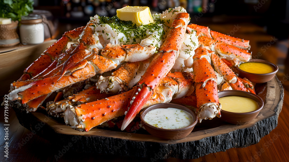 pile of steamed crab legs served on a rustic platter, surrounded by sides of melted butter and dipping pile of steamed crab legs served on a rustic platter, surrounded by sides of melted butter and dipping
