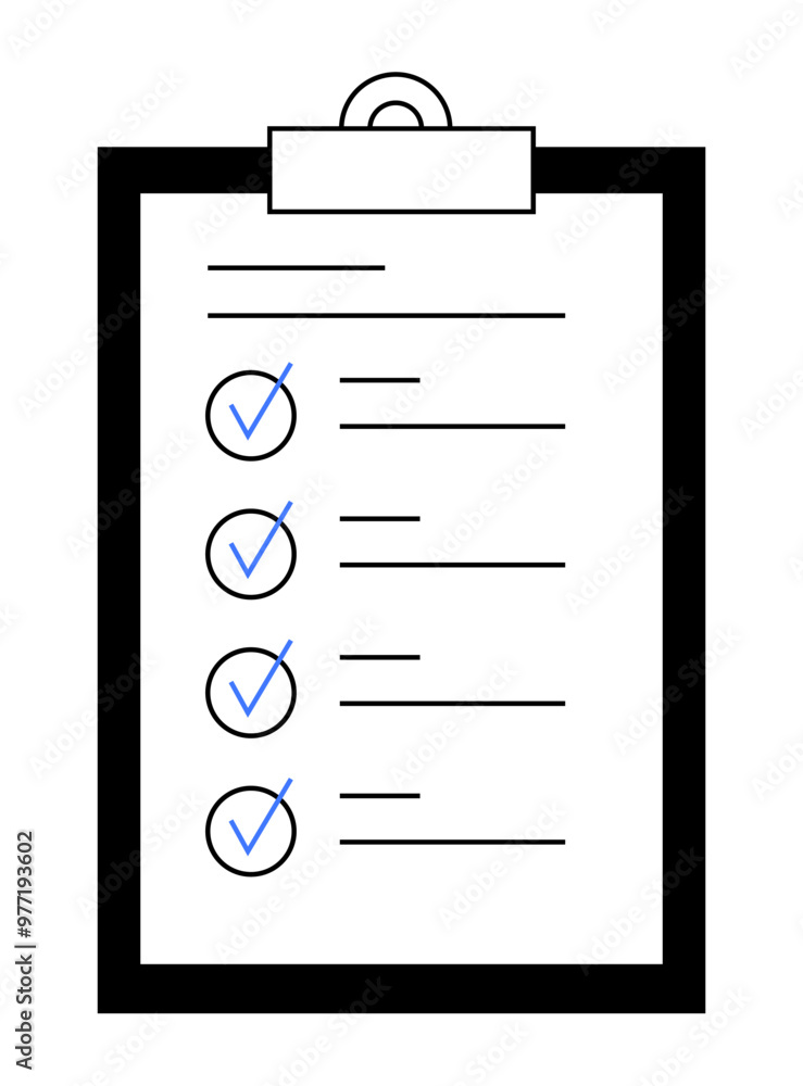 A minimalist sheet of paper attached to a clipboard, featuring a list with blue checkmarks. Ideal for efficiency, productivity, to-do lists, office work, organization, and project planning. Clean and A minimalist sheet of paper attached to a clipboard, featuring a list with blue checkmarks. Ideal for efficiency, productivity, to-do lists, office work, organization, and project planning. Clean and
