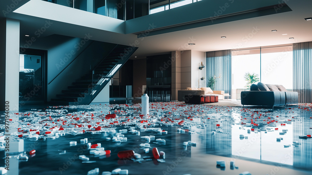 Obraz premium Modern house flooded with prescription drugs reflecting addiction issues