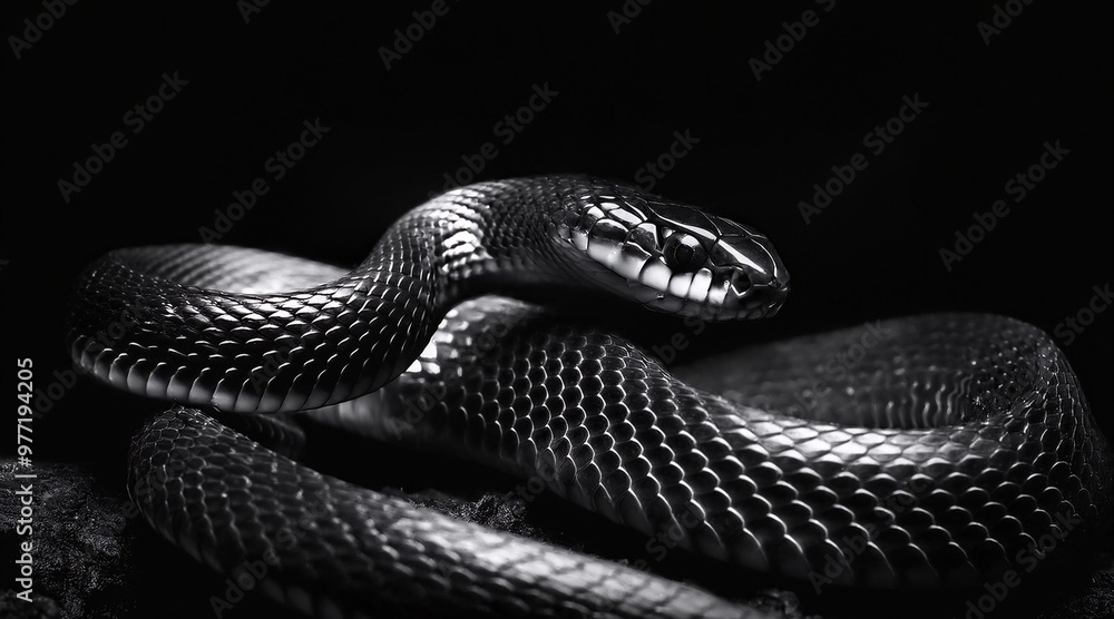 Fototapeta premium An elegant black and white shot of a majestic black mamba in a dark setting