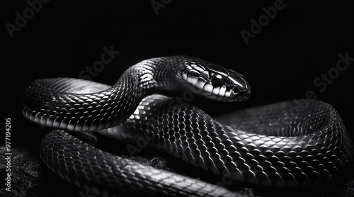 An elegant black and white shot of a majestic black mamba in a dark setting 