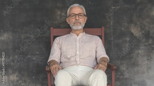 An elderly man is sitting in an armchair on a gray background. Senior lifestyle. Health and business concept. Background for banner, flyer, poster with copy space.