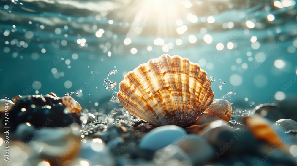 A stunning underwater shot featuring a seashell on the ocean floor, highlighted by sun rays and surrounded by a rippling water effect, creating a peaceful marine environment. A stunning underwater shot featuring a seashell on the ocean floor, highlighted by sun rays and surrounded by a rippling water effect, creating a peaceful marine environment.