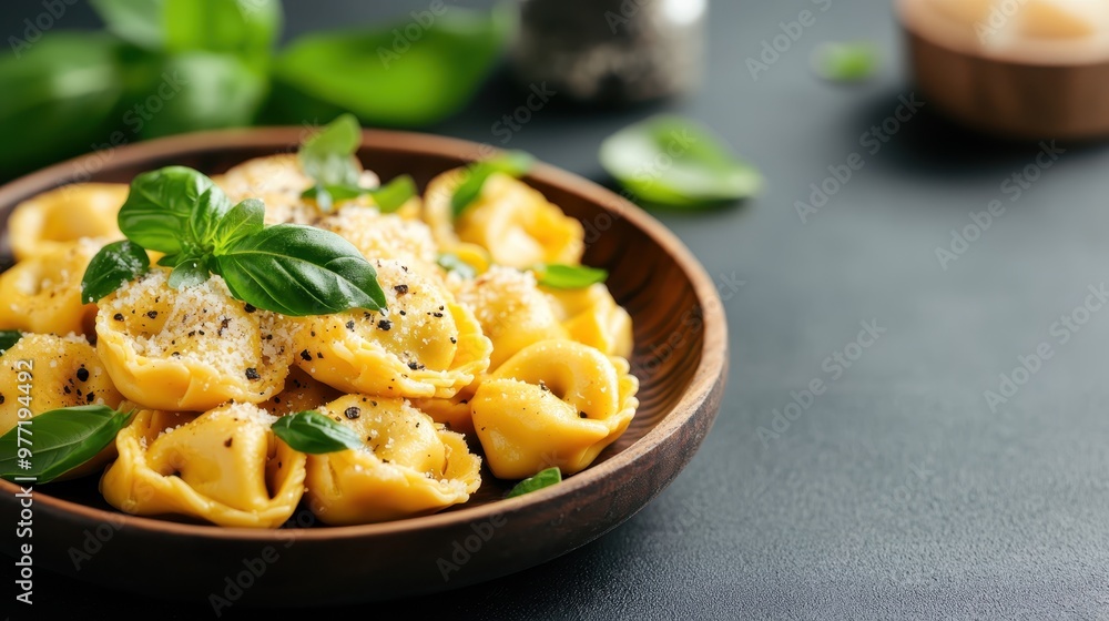 This image showcases a wooden bowl filled with tortellini pasta, garnished with fresh basil leaves, sprinkled with cheese and black pepper, offering a delicious and appetizing look. This image showcases a wooden bowl filled with tortellini pasta, garnished with fresh basil leaves, sprinkled with cheese and black pepper, offering a delicious and appetizing look.
