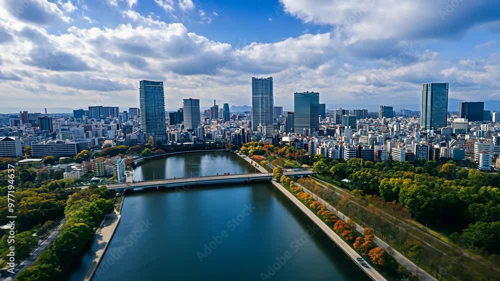 Aerial view of a vibrant city skyline and park along a river during autumn in Tokyo Aerial view of a vibrant city skyline and park along a river during autumn in Tokyo
