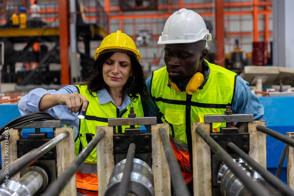 Female mechanical engineer is coaching and providing support to her trainee while examining the functions of metal machines in a factory. Teamwork between two engineers in a factory production plant Female mechanical engineer is coaching and providing support to her trainee while examining the functions of metal machines in a factory. Teamwork between two engineers in a factory production plant
