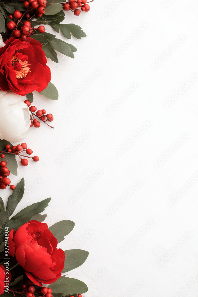Closeup of floral bouquet with red and orange roses, white flowers and green leaves with red berries. Macro photo with soft focus background. For floral print or decor Closeup of floral bouquet with red and orange roses, white flowers and green leaves with red berries. Macro photo with soft focus background. For floral print or decor