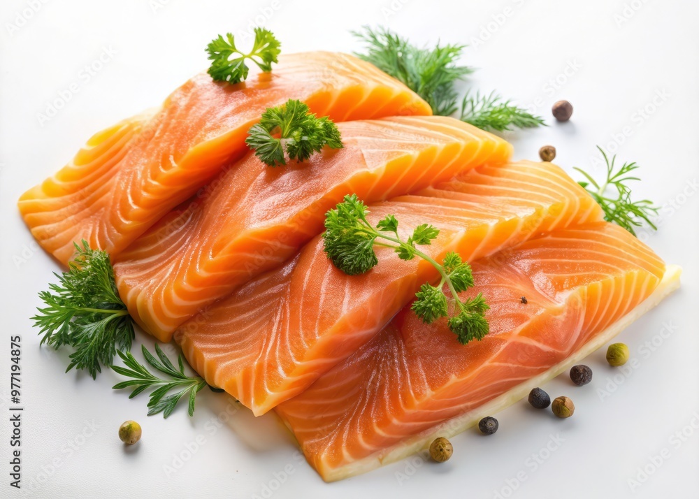 Delicately sliced smoked salmon arranged artfully on a pristine white background, with subtle texture and shading to emphasize the fish's rich color and velvety smoothness. Delicately sliced smoked salmon arranged artfully on a pristine white background, with subtle texture and shading to emphasize the fish's rich color and velvety smoothness.