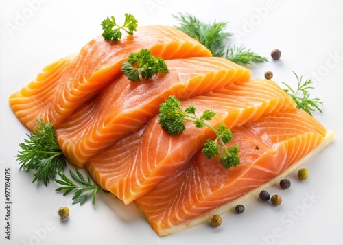 Delicately sliced smoked salmon arranged artfully on a pristine white background, with subtle texture and shading to emphasize the fish's rich color and velvety smoothness. photo