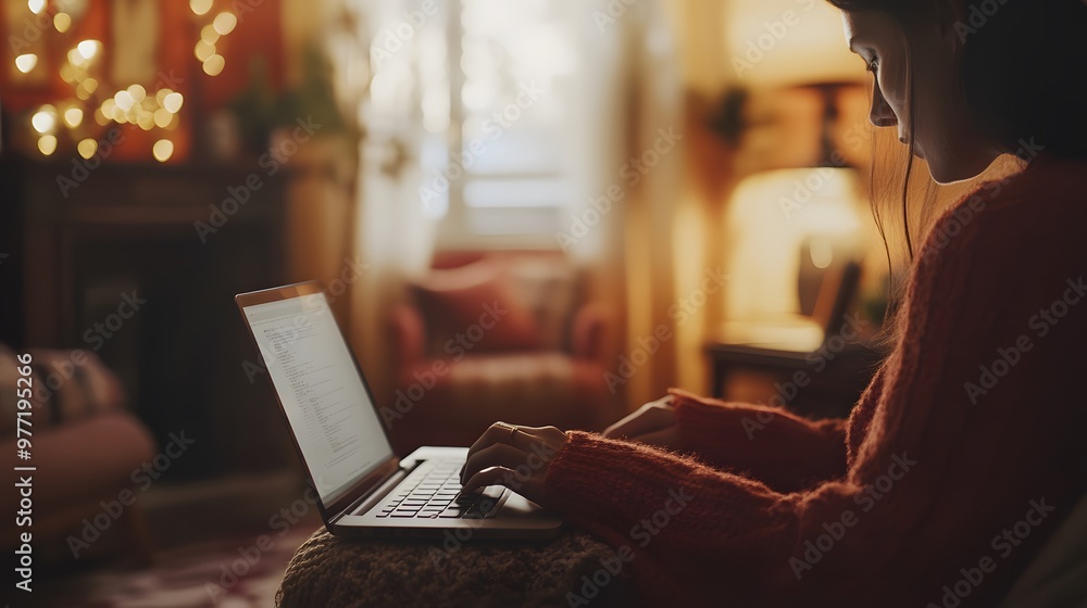 Woman working on a laptop in a cozy living room Woman working on a laptop in a cozy living room