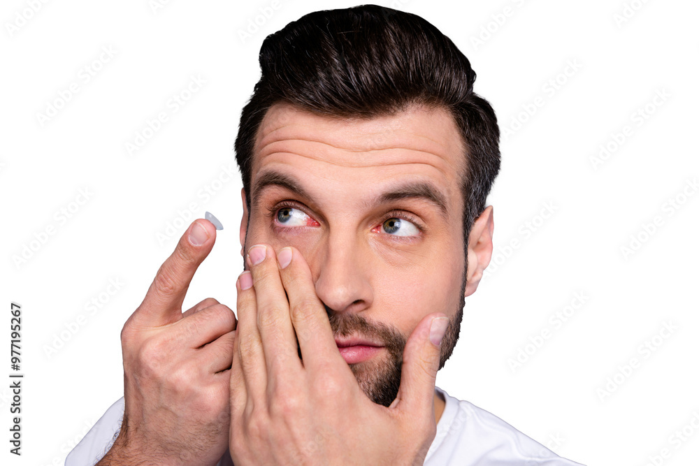Close up photo charming youth have eye sight problem need correction hyperopia look want good eye condition stubble bristle wear white clothing isolated grey background Close up photo charming youth have eye sight problem need correction hyperopia look want good eye condition stubble bristle wear white clothing isolated grey background