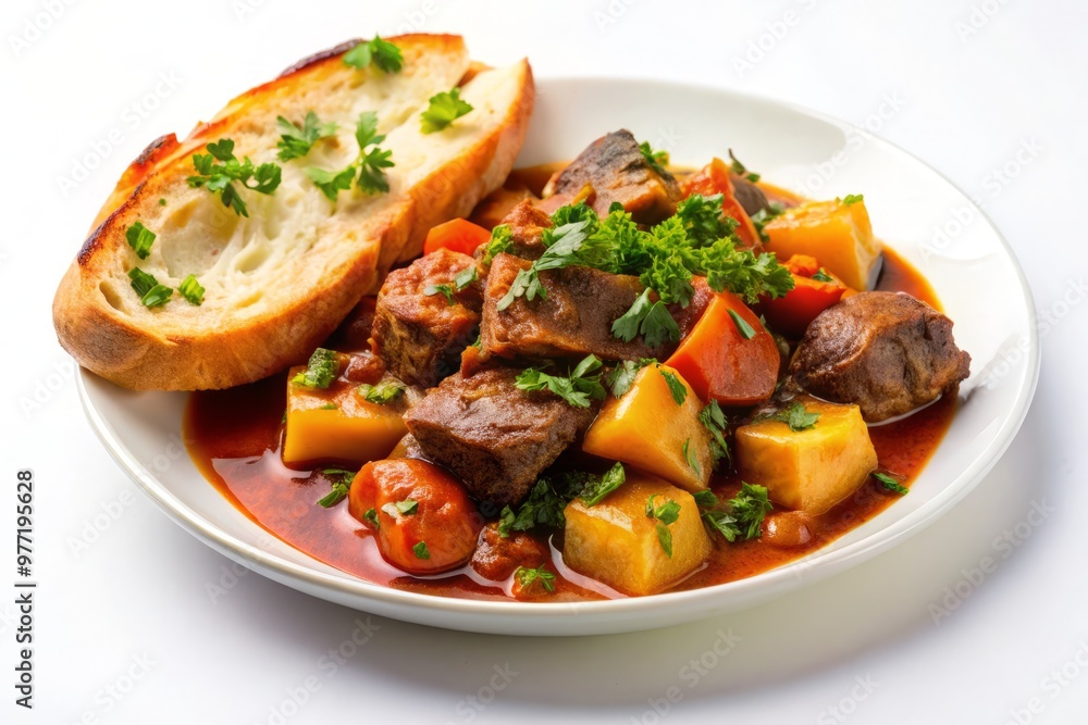 Slow-cooked beef stifado stew with fresh parsley and crusty bread, served on a white plate against a white background Slow-cooked beef stifado stew with fresh parsley and crusty bread, served on a white plate against a white background