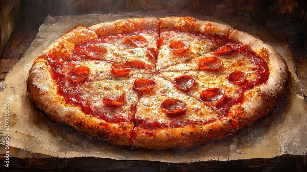 A pizza depicted in oil painting style, with rich textures and warm tones, capturing the delicious, artisanal quality of the dish. A pizza depicted in oil painting style, with rich textures and warm tones, capturing the delicious, artisanal quality of the dish.