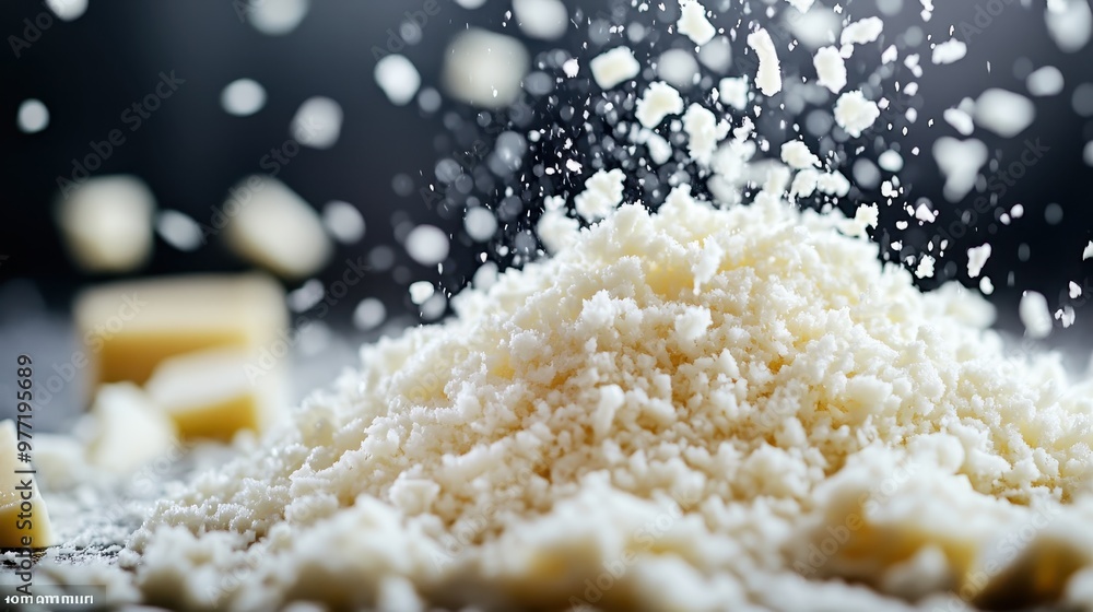 Grated cheese is shown in a close-up with cheese chunks scattered around, capturing the fine texture and appetizing appeal of the cheese, representing culinary delight and craftsmanship. Grated cheese is shown in a close-up with cheese chunks scattered around, capturing the fine texture and appetizing appeal of the cheese, representing culinary delight and craftsmanship.