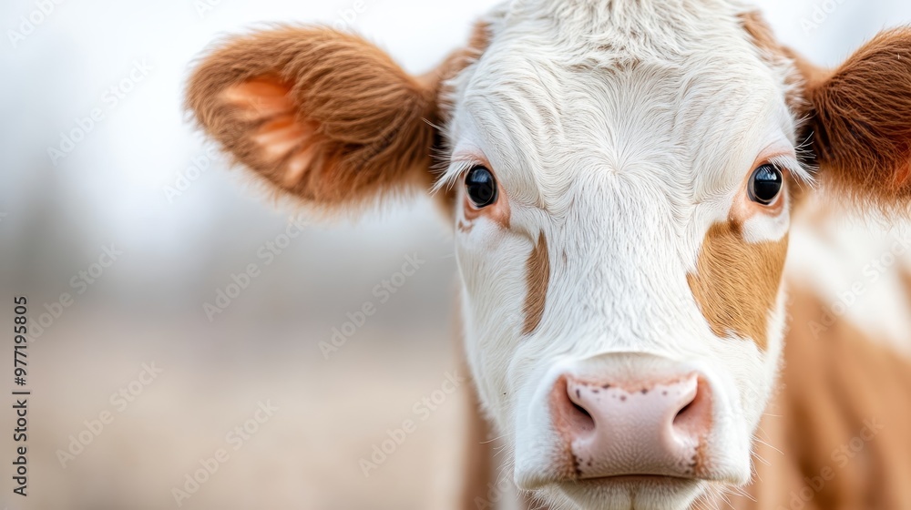 An endearing close-up of a young cow with light brown and white patches, its large eyes and soft fur creating a warm and serene scene in a blurred natural setting. An endearing close-up of a young cow with light brown and white patches, its large eyes and soft fur creating a warm and serene scene in a blurred natural setting.
