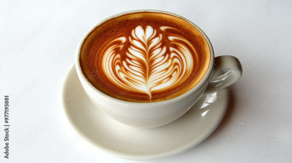 A close-up of a coffee cup showcasing detailed latte art, placed on a bright white background for a clean and modern feel A close-up of a coffee cup showcasing detailed latte art, placed on a bright white background for a clean and modern feel