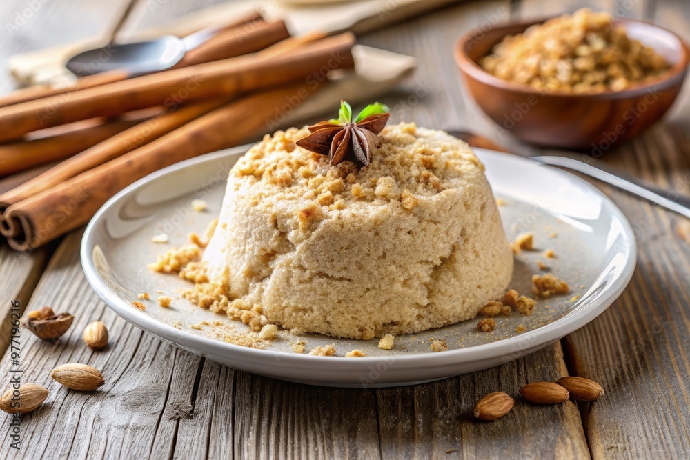 White plate with a generous serving of crushed halva, garnished with a sprinkle of cinnamon White plate with a generous serving of crushed halva, garnished with a sprinkle of cinnamon