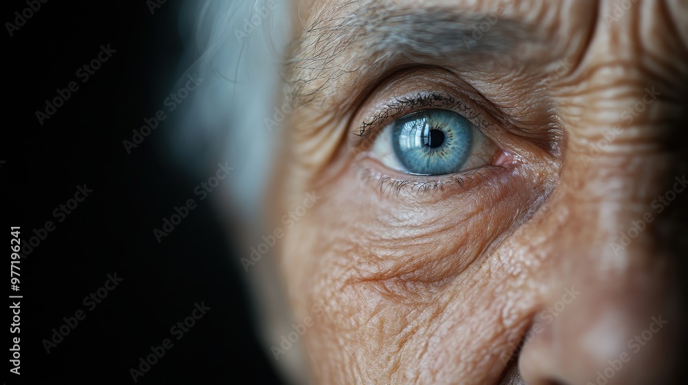 This image shows a detailed close-up of an elderly person's blue eye, complementing the visible wrinkles and conveying a sense of wisdom, experience, and the passage of time. This image shows a detailed close-up of an elderly person's blue eye, complementing the visible wrinkles and conveying a sense of wisdom, experience, and the passage of time.