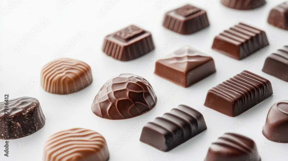 A close-up of uniquely shaped chocolates in modern, minimalistic packaging, displayed on a crisp white background A close-up of uniquely shaped chocolates in modern, minimalistic packaging, displayed on a crisp white background